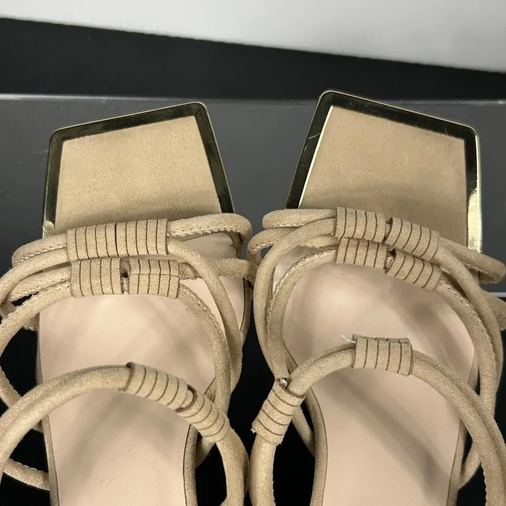 Torgeis New York Size 7.5 Suede Tan Sandals Strappy Heel Mule NEW MEDINILLA $100